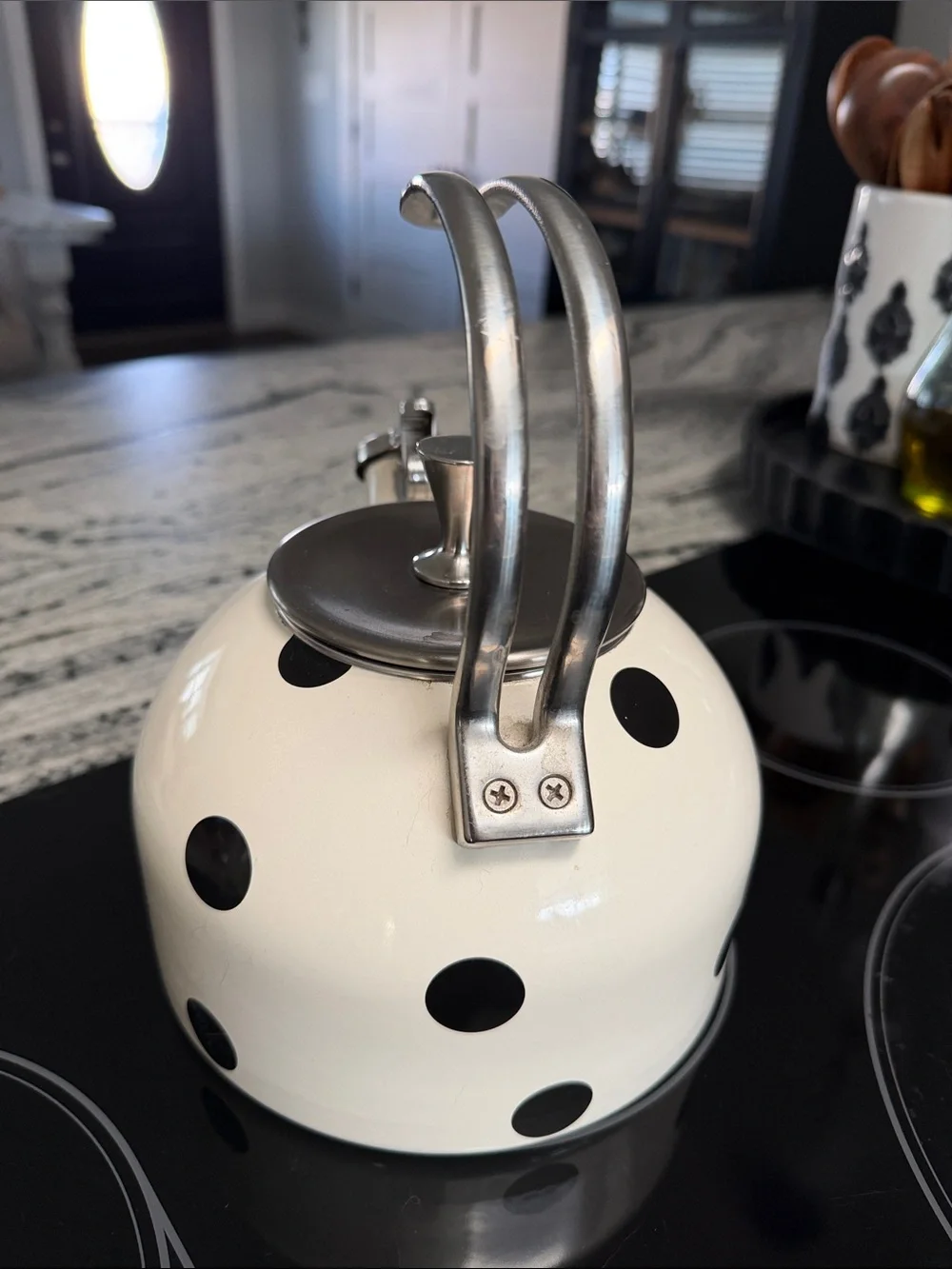 kate spade White and Black Polka Dot Whistling Tea Kettle